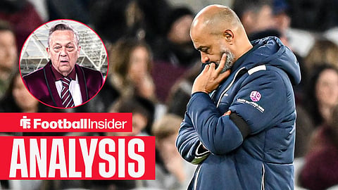 Nuno Espirito Santo, the manager of West Ham, is in thought during the Premier League match between West Ham United and Liverpool at the London Stadium in Stratford, on November 30, 2025 / West Ham chairman David Sullivan at the London Stadium