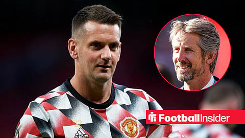 Manchester United goalkeeper Tom Heaton alongside a circular inset of Edwin van der Sar