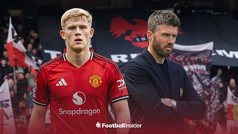 Lewis Hall starring in a Manchester United home kit, standing next to Michael Carrick at Old Trafford