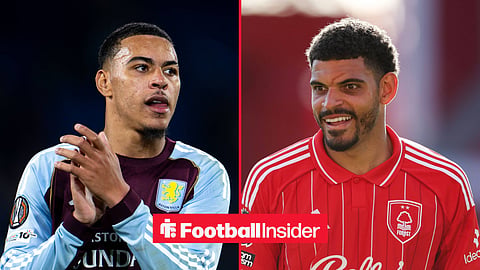 Aston Villa midfielder Morgan Rogers with Nottingham Forest midfielder Morgan Gibbs-White