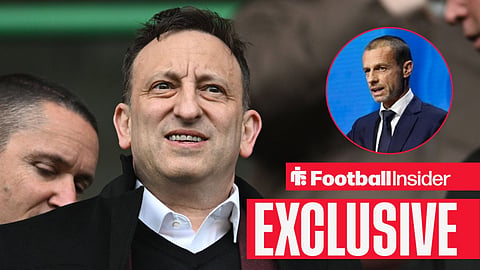 Football Insider exclusive as Hearts shareholder Tony Bloom looks nervously towards UEFA president Alexander Ceferin, who watches from a circular inset.