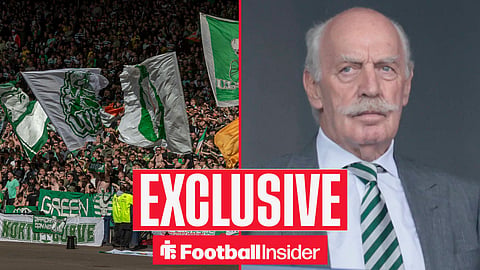 Football Insider exclusive as Celtic fans wave flags in a circular inset, while owner Dermot Desmond watches from the other side of a split image.