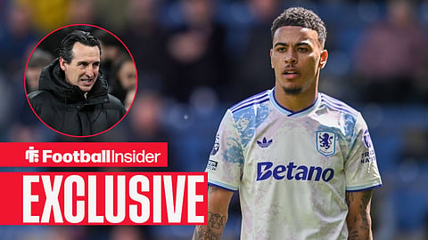 Football Insider exclusive as Aston Villa forward Morgan Rogers is in action during a game, while manager Unai Emery looks concerned in a circular inset.