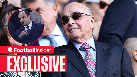 Football Insider exclusive as Tottenham owner Joe Lewis towards chief executive Vinai Venkatesham, who points in a circular inset.