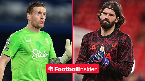 Everton goalkeeper Jordan Pickford in action during a game, as Liverpool's Alisson warms up on the other side of a split image.