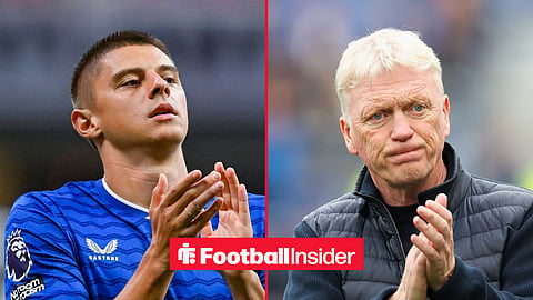 Split image of Everton defender Vitalii Mykolenko and David Moyes