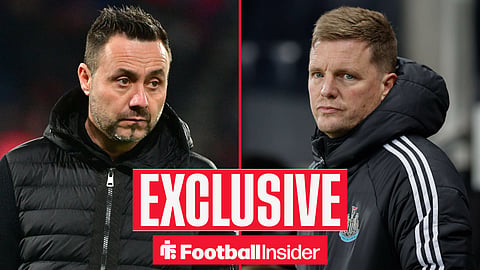 Roberto De Zerbi managing Marseille in a Ligue 1 match against PSG / Newcastle United manager Eddie Howe before kick off during the EFL Cup match between Newcastle United and Fulham at St. James s Park, Newcastle, England on 17 December 2025
