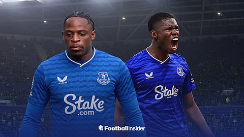 Levante striker Karl Etta Eyong edited into Everton shirt with Thierno Barry celebrating behind