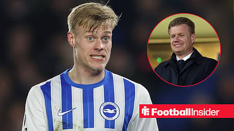 Brighton centre-back Jan Paul van Hecke looks nervous during a game, while Tottenham sporting director Johan Lange watches from a circular inset.