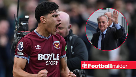 West Ham midfielder Mateus Fernandes celebrates a goal, as Real Madrid president Florentino Perez waves in a circular inset.