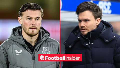 Nathan Patterson in an Everton coat left and Rangers manager Danny Rohl in a coat right