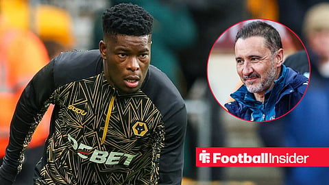 Marshall Munetsi in a Wolves training shirt with Nottingham Forest manager Vitor Pereira