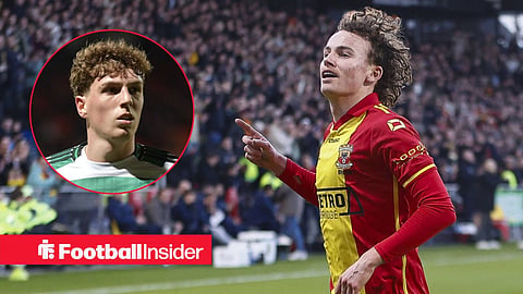 Go Ahead Eagles midfielder Jakob Breum points into the crowd while celebrating a goal, as Celtic star Arne Engels watches from a circular inset.