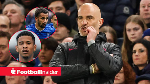 Enzo Maresca on the sidelines as Chelsea manager alongside circular insets of Illiman Ndiaye and Savinho.