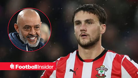 Taylor Harwood-Bellis in action for Southampton, with Nuno Espirito Santo in a circular inset