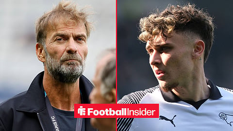 Jurgen Klopp staring into space on left and Bobby Clark glancing to the left on right in Derby County shirt