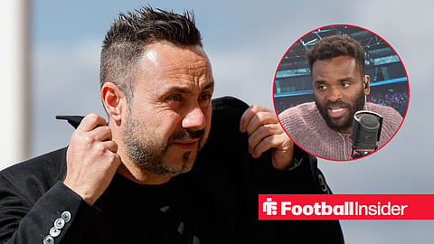 Tottenham manager Roberto De Zerbi adjusts his coat as he arrives at a game, while pundit Darren Bent speaks in a circular inset.