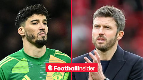 Altay Bayindir looking frustrated at Man United, with Michael Carrick applauding
