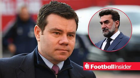 Newcastle sporting director Ross Wilson looks towards chairman Yasir Al Rumayyan, who watches from a circular inset.