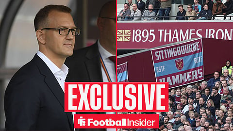 Football Insider exclusive as Daniel Kretinsky stares across a split image towards West Ham fans, who watch from the London Stadium.