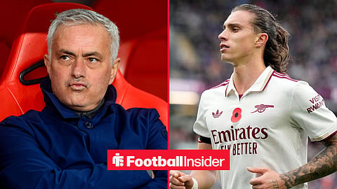 Jose Mourinho sat in the dugout at Benfica alongside Arsenal defender Riccardo Calafiori in action.