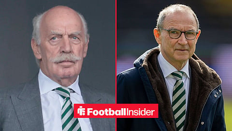 Celtic owner Dermot Desmond starring into the distance alongside manager Martin O'Neill on the pitch before a game.