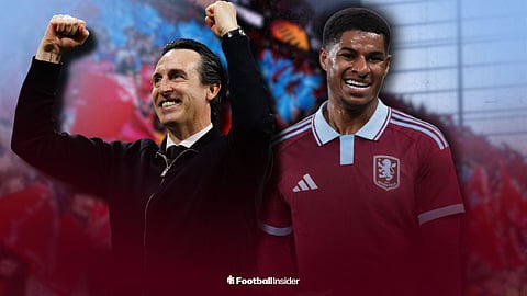 Aston Villa manager Unai Emery and Marcus Rashford edited into Aston Villa shirt