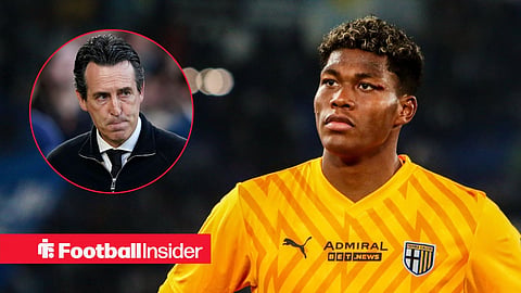 Parma goalkeeper Zion Suzuki in action with Aston Villa manager Unai Emery inset