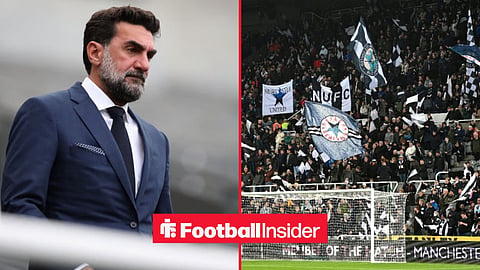 Newcastle chairman Yasir Al Rumayyan stares across a split image towards the fans at St James' Park.