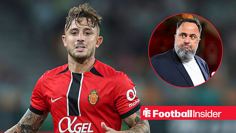Pablo Maffeo playing for Mallorca with Nottingham Forest owner Evangelos Marinakis inset right
