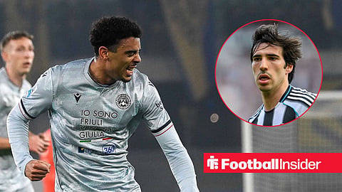 Arthur Atta celebrating for Udinese with Sandro Tonali in circle