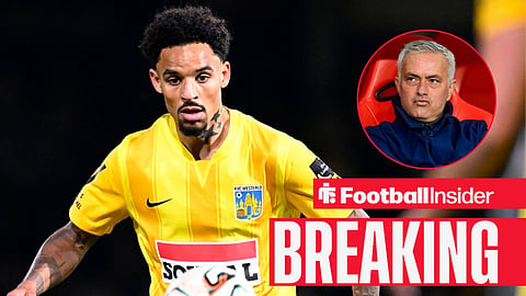Rangers target Bryan Reynolds in action during a game for Westerlo, as Jose Mourinho watches from a circular inset.