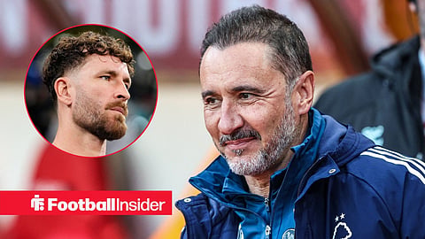 Nottingham Forest manager Vitor Pereira smiling at the Stadium of Light alongside a circular inset of Flamengo defender Leo Pereira looking into the distance.