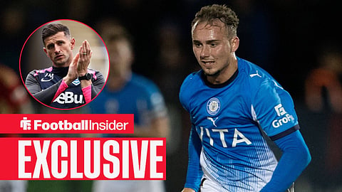 Football Insider exclusive as Stockport winger Jack Diamond is in action during a game, while Portsmouth manager John Mousinho watches from a circular inset.