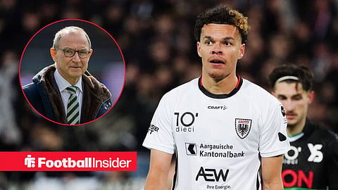 FC Aarau striker Elias Filet stares towards Celtic manager Martin O'Neill, who watches from a circular inset.