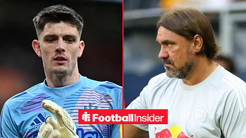 Nick Pope in action for Newcastle, with Daniel Farke looking serious on the sidelines