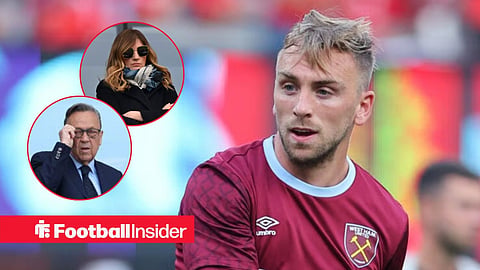 Jarrod Bowen in action for West Ham, with previous board members Karren Brady and David Sullivan in circular insets