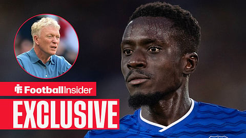 Football Insider exclusive as Everton midfielder Idrissa Gueye stares towards manager David Moyes, who looks confused in a circular inset.