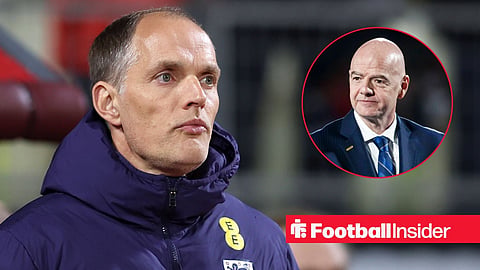 Thomas Tuchel on sidelines in England coat with FIFA chief Gianni Infantino inset