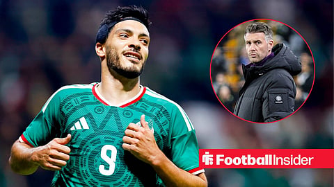 Raul Jimenez 9 of the Mexico National team, during international friendly game held at the Estadio Nemesio Diez / Rob Edwards looking disappointed as Wolves manager