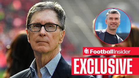 Football Insider exclusive as Liverpool owner John Henry stares towards sporting director Richard Hughes, who smiles in a circular inset.