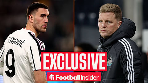 Football Insider exclusive as Juventus striker Dusan Vlahovic stares across a split image towards Newcastle manager Eddie Howe. 