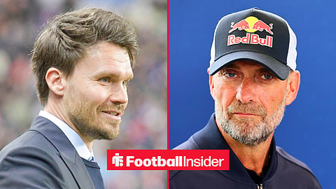 Split image of Danny Rohl of Rangers during the UEFA Europa League match at Ibrox Stadium and Jürgen Klopp Head of Global Soccer at Red Bull