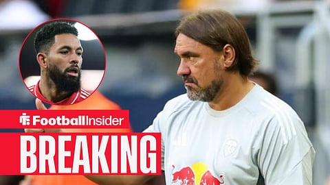 Daniel Farke looking focused on the sidelines, with Douglas Luiz in a circular inset
