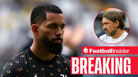 Douglas Luiz looking focused at Juventus, with Daniel Farke in a circular inset