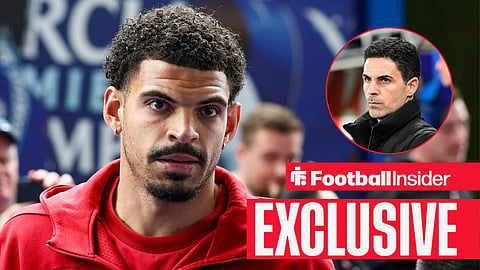 Nottingham Forest's Morgan Gibbs-White walking into a stadium in a tracksuit with stern Mikel Arteta on touchline right inset