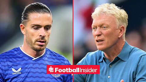 Split image of Jack Grealish during the Everton vs West Ham United English Premier League match at Hill Dickinson Stadium and David Moyes during the Spurs vs Everton final match of the 2025/26 Premier League season