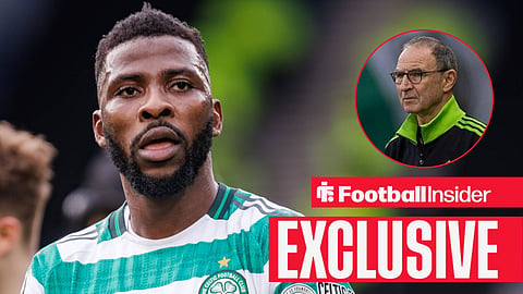 Kelechi Iheanacho after a Celtic game with manager Martin O'Neill looking at him right inset