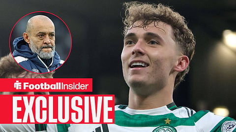 Celtic's Callum Osmand celebrating with Arne Engels with West Ham manager Nuno Espirito Santo looking stern at him left inset