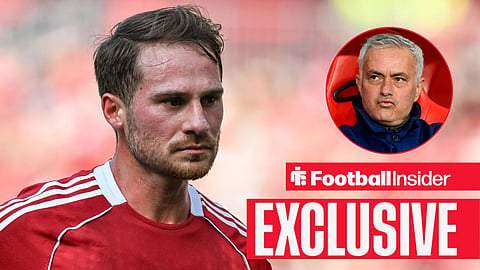 Liverpool's Alexis Mac Allister sweating in a game facing Real Madrid manager Jose Mourinho sat in the dugout looking at him right inset